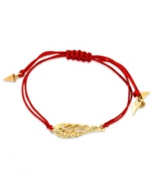 Let your look take flight. This RACHEL Rachel Roy bracelet showcases a wing charm with glass stone accents. An adjustable red waxed cotton cord holds it all together. Set in worn gold tone mixed metal. Approximate diameter: 1 inch. Adjustable from 1 inch to 7-1/4 inches. Let your look take flight. This RACHEL Rachel Roy bracelet showcases a wing charm with glass stone accents. An adjustable red waxed cotton cord holds it all together. Set in worn gold tone mixed metal. Approximate diameter: 1 inch. Adjustable from 1 inch to 7-1/4 inches.