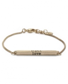 Words to live by. This motivational bracelet from RACHEL Rachel Roy features a rectangular cube pendant with the words Love, Light, and Laughter on three of four sides. Crafted in worn gold tone mixed metal. Approximate length: 6-1/4 inches + 1/2-inch extender. Approximate diameter: 1-1/4 inches.