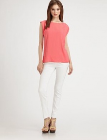 Rolled sleeves add softness to this simply pretty stretch silk top.BoatneckShort, rolled sleeves95% silk/5% spandexDry cleanImportedModel shown is 5'10 (177cm) wearing US size Small.Additional Information Women's Premier Designer & Contemporary Size Guide Rolled sleeves add softness to this simply pretty stretch silk top.BoatneckShort, rolled sleeves95% silk/5% spandexDry cleanImportedModel shown is 5'10 (177cm) wearing US size Small.Additional Information Women's Premier Designer & Contemporary Size Guide