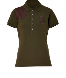An ultra luxe take on the iconic polo, this leather detailed version from Polo Ralph Lauren lends a chic edge to your outfit, no matter how you wear it - Cutaway collar, short sleeves, partial button-down front, oversized leather polo logo and shoulder patch, side slits, longer back - Form-fitting - Team with tweed blazers, jeans, and slipper-style loafers An ultra luxe take on the iconic polo, this leather detailed version from Polo Ralph Lauren lends a chic edge to your outfit, no matter how you wear it - Cutaway collar, short sleeves, partial button-down front, oversized leather polo logo and shoulder patch, side slits, longer back - Form-fitting - Team with tweed blazers, jeans, and slipper-style loafers
