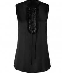 Ultra chic black ruffled silk top from LAgence - Add an edgy feminine vibe to your look with this luxe silk blouse - Sleeveless, ruffle front detail with tie-neck, rounded neckline - Wear with a pencil skirt, fishnets, and peep-toe wedges Ultra chic black ruffled silk top from LAgence - Add an edgy feminine vibe to your look with this luxe silk blouse - Sleeveless, ruffle front detail with tie-neck, rounded neckline - Wear with a pencil skirt, fishnets, and peep-toe wedges