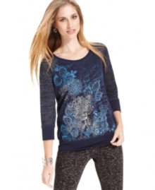 Expand your fall weekend attire with this casual three-quarter-sleeve top from Style&co. featuring a fun print and banded hem! Expand your fall weekend attire with this casual three-quarter-sleeve top from Style&co. featuring a fun print and banded hem!
