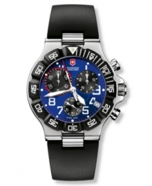 Legendary timekeeping by Victorinox Swiss Army. This watch features a black synthetic strap and round stainless steel case with anti-reflective sapphire crystal. Black PVD bezel with second markers. Electric blue chronograph dial with numerals, luminous hands and dot markers, low battery indicator, date window, logo and three subdials. Swiss made. Swiss movement. Water resistant to 100 meters. Three-year limited warranty. Legendary timekeeping by Victorinox Swiss Army. This watch features a black synthetic strap and round stainless steel case with anti-reflective sapphire crystal. Black PVD bezel with second markers. Electric blue chronograph dial with numerals, luminous hands and dot markers, low battery indicator, date window, logo and three subdials. Swiss made. Swiss movement. Water resistant to 100 meters. Three-year limited warranty.