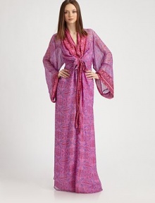 Inspired by the traditional Japanese kimono, this gorgeous floor-sweeping gown is crafted from airy silk chiffon in a boho-chic print.Gathered necklineLong kimono sleevesLong wrap self-beltConcealed center front zipperThree hook-and-eye closure at bodiceAbout 39 from natural waistSilkDry cleanImportedModel shown is 5'9 (175cm) wearing US size Small.