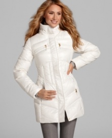 Flattering seam detailing and polished goldtone accents define this cozy-chic coat from Calvin Klein. (Clearance) Flattering seam detailing and polished goldtone accents define this cozy-chic coat from Calvin Klein. (Clearance)