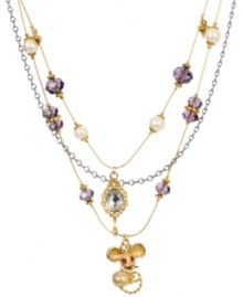 Sweet and stylish. A charming mouse commands attention on Betsey Johnson's chic and unique multi charm layered illusion necklace. Crafted in gold tone mixed metal, it features a mirror charm along with hearts, crystals, glass pearls and faceted cherry beads. Approximate length: 16 inches + 3-inch extender. Sweet and stylish. A charming mouse commands attention on Betsey Johnson's chic and unique multi charm layered illusion necklace. Crafted in gold tone mixed metal, it features a mirror charm along with hearts, crystals, glass pearls and faceted cherry beads. Approximate length: 16 inches + 3-inch extender.