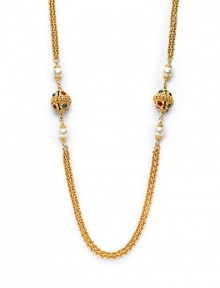 THE LOOKByzantine collectionBall detailsDouble chainColored glass stone and faux pearl accents24k electroplated gold settingLobster claspTHE MEASUREMENTLength, about 54ORIGINMade in USA THE LOOKByzantine collectionBall detailsDouble chainColored glass stone and faux pearl accents24k electroplated gold settingLobster claspTHE MEASUREMENTLength, about 54ORIGINMade in USA