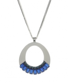 Strikingly shaped. A unique oval pendant serves as a chic setting for brilliant blue baguette crystals on this Kenneth Cole New York necklace. Crafted in hematite tone mixed metal. Approximate length: 30 inches + 3-inch extender. Approximate drop: 2-7/10 inches. Strikingly shaped. A unique oval pendant serves as a chic setting for brilliant blue baguette crystals on this Kenneth Cole New York necklace. Crafted in hematite tone mixed metal. Approximate length: 30 inches + 3-inch extender. Approximate drop: 2-7/10 inches.