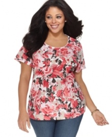 Brighten up your weekend look with Karen Scott's short sleeve plus size top, blossoming a floral print-- it's an Everyday Value! Brighten up your weekend look with Karen Scott's short sleeve plus size top, blossoming a floral print-- it's an Everyday Value!