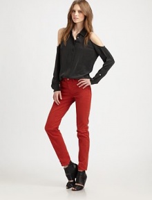 Peek-a-boo shoulders give this soft silk style its edge.Point collar Cutout shoulders Concealed button front Long sleeves with button cuffs Shirttail hem About 26 from shoulder to hem Silk Dry clean Imported Peek-a-boo shoulders give this soft silk style its edge.Point collar Cutout shoulders Concealed button front Long sleeves with button cuffs Shirttail hem About 26 from shoulder to hem Silk Dry clean Imported