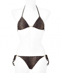 Stylish bikini made ..of fine, black-patterned synthetic stretch fiber - Sexy and glamorous with sophisticated animal print - Fashionable triangle top ties at neck and back - Small gold-color chain elements at hips and heart center - Small, hip-tie bottoms are low-rise with full coverage - Sexy suit for vacation - Pair with caftan and platform sandals Stylish bikini made ..of fine, black-patterned synthetic stretch fiber - Sexy and glamorous with sophisticated animal print - Fashionable triangle top ties at neck and back - Small gold-color chain elements at hips and heart center - Small, hip-tie bottoms are low-rise with full coverage - Sexy suit for vacation - Pair with caftan and platform sandals