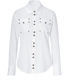 Western-chic style button-down shirt of pure, white cotton - Features large silver-colored double buttons and two adorned front pockets - Short collar, trim sleeves and rounded hem - Pair with white capris and sandals, or with a pencil skirt or fitted black pants and heels Western-chic style button-down shirt of pure, white cotton - Features large silver-colored double buttons and two adorned front pockets - Short collar, trim sleeves and rounded hem - Pair with white capris and sandals, or with a pencil skirt or fitted black pants and heels
