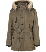 The classic parka gets a high-style redux with this luxe iteration from British heritage brand Belstaff - Fur-trimmed hood, concealed zip closure with front button placket, long sleeves with belted cuffs, flap pockets, internal drawstring for customized fit, classic fishtail hem with toggle, full snap-in chocolate quilted lining - Slim fit - Pair with straight leg jeans, a cashmere pullover, and retro-inspired trainers