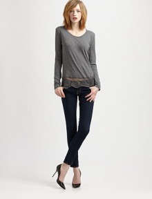 Sheer perfection-- this supremely soft scoopneck has a lace hem that hits below the hips. ScoopneckLong sleevesLace-trim hemCottonNylon lace trimHand washMade in USA of imported fabricModel shown is 5'10 (177cm) wearing US size Small. Sheer perfection-- this supremely soft scoopneck has a lace hem that hits below the hips. ScoopneckLong sleevesLace-trim hemCottonNylon lace trimHand washMade in USA of imported fabricModel shown is 5'10 (177cm) wearing US size Small.