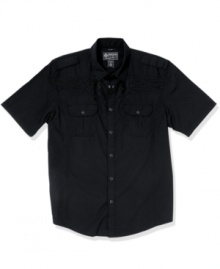 Take flight. Test your casual-style wings with this modern take on the classic button-front shirt from American Rag. Take flight. Test your casual-style wings with this modern take on the classic button-front shirt from American Rag.