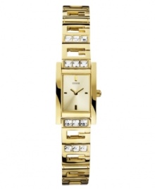 Sport your GUESS appreciation with this unique timepiece designed with G-shaped bracelet links embellished with crystal accents. Sport your GUESS appreciation with this unique timepiece designed with G-shaped bracelet links embellished with crystal accents.