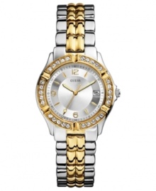 Captivating in two-tones, this steel watch from GUESS sparkles with crystal accents. Captivating in two-tones, this steel watch from GUESS sparkles with crystal accents.
