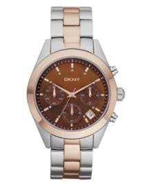 Change your tone with this rosy hued chronograph watch from DKNY. Change your tone with this rosy hued chronograph watch from DKNY.