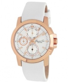 Warm up to a new, on-trend look with this rosy-hued and white-washed watch from Kenneth Cole New York. Warm up to a new, on-trend look with this rosy-hued and white-washed watch from Kenneth Cole New York.