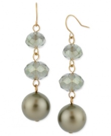 Good things come in threes. Kenneth Cole New York's triple drop earrings are crafted from gold-tone mixed metal with green glass pearls and cherry beads coming together for a stylish statement. Item comes packaged in a signature Kenneth Cole New York Gift Box. Approximate drop: 2-1/4 inches. Good things come in threes. Kenneth Cole New York's triple drop earrings are crafted from gold-tone mixed metal with green glass pearls and cherry beads coming together for a stylish statement. Item comes packaged in a signature Kenneth Cole New York Gift Box. Approximate drop: 2-1/4 inches.