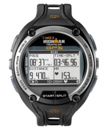 The ultimate training tool, by Timex. This watch features a black resin strap and round case. Digital display dial measures pace, speed, and distance in real-time, allowing athletes to measure, review and advance their performance. Quartz movement. Water resistant to 50 meters. One-year limited warranty.