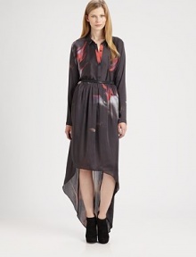Inspired by a fiery vapor, this printed silk-like blouse has a single front patch pocket and modern asymmetrical hem. Point collarButton frontLong sleevesSingle front patch pocketAsymmetrical cropped back hemPolyesterDry cleanImportedModel shown is 5'10 (177cm) wearing US size 4. Inspired by a fiery vapor, this printed silk-like blouse has a single front patch pocket and modern asymmetrical hem. Point collarButton frontLong sleevesSingle front patch pocketAsymmetrical cropped back hemPolyesterDry cleanImportedModel shown is 5'10 (177cm) wearing US size 4.