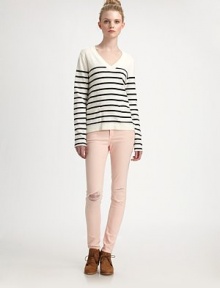 The classic V-neck pullover in a soft cotton/cashmere knit, striped and styled with a slightly flared hem.V necklineLong sleevesPatch pocketsContour hem longer in backAbout 24 from shoulder to hem95% cotton/5% cashmereDry cleanImportedModel shown is 5'10 (177cm) wearing US size Small. The classic V-neck pullover in a soft cotton/cashmere knit, striped and styled with a slightly flared hem.V necklineLong sleevesPatch pocketsContour hem longer in backAbout 24 from shoulder to hem95% cotton/5% cashmereDry cleanImportedModel shown is 5'10 (177cm) wearing US size Small.