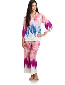 THE LOOKAllover abstract printShirt collarButton closureCropped pants with drawstring waistTHE FITTop: about 26 from shoulder to hemPants: rise, about 12; inseam, about 25THE MATERIALPolyesterCARE & ORIGINMachine washImportedModel shown is 5'10 (177cm) wearing US size Small. THE LOOKAllover abstract printShirt collarButton closureCropped pants with drawstring waistTHE FITTop: about 26 from shoulder to hemPants: rise, about 12; inseam, about 25THE MATERIALPolyesterCARE & ORIGINMachine washImportedModel shown is 5'10 (177cm) wearing US size Small.