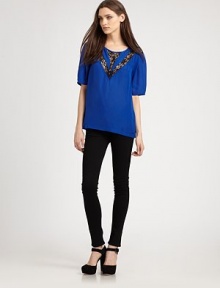 Epitomize the artisan aesthetic in this airy silk-rich design with contrasting lace-trim cutouts. RoundneckOversized short sleevesLace-trim cutoutsBack lace-trim cutoutsBack zipperLonger length hits below the hipsBody: 58% viscose/42% silkTrim: NylonDry cleanImportedModel shown is 5'10 (177cm) wearing US size Small. Epitomize the artisan aesthetic in this airy silk-rich design with contrasting lace-trim cutouts. RoundneckOversized short sleevesLace-trim cutoutsBack lace-trim cutoutsBack zipperLonger length hits below the hipsBody: 58% viscose/42% silkTrim: NylonDry cleanImportedModel shown is 5'10 (177cm) wearing US size Small.