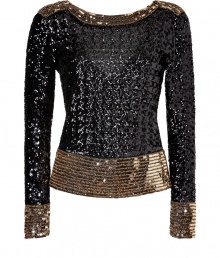 Shimmer into evening elegance in By Malene Birgers dramatic sequined top, a contemporary-chic choice guaranteed to make an impact - Wide neckline, V-back, long sleeves, contrast gold sequined trim - Fitted - Wear with everything from jeans and heels to mini-skirts and ankle boots Shimmer into evening elegance in By Malene Birgers dramatic sequined top, a contemporary-chic choice guaranteed to make an impact - Wide neckline, V-back, long sleeves, contrast gold sequined trim - Fitted - Wear with everything from jeans and heels to mini-skirts and ankle boots