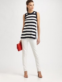 Styled with sailor-chic stripes, this ultra-soft tunic has side slits and an exposed back zipper. RoundneckSide slits at hemLonger length hits below the hipsExposed back zipper72% viscose/28% polyesterDry cleanImportedModel shown is 5'10 (177cm) wearing US size Small. Styled with sailor-chic stripes, this ultra-soft tunic has side slits and an exposed back zipper. RoundneckSide slits at hemLonger length hits below the hipsExposed back zipper72% viscose/28% polyesterDry cleanImportedModel shown is 5'10 (177cm) wearing US size Small.