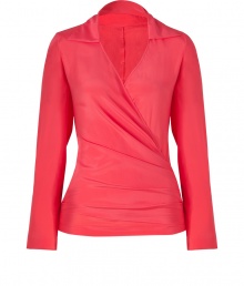 Electrify your chic workweek separates with Etros ultra feminine coral silk wrap top - Pointed spread collar, long sleeves, wrapped front with pleat detailed button closures at side - Loosely fitted - Wear with sleek black separates and just as bright accessories Electrify your chic workweek separates with Etros ultra feminine coral silk wrap top - Pointed spread collar, long sleeves, wrapped front with pleat detailed button closures at side - Loosely fitted - Wear with sleek black separates and just as bright accessories
