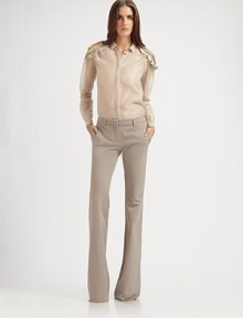 This gauzy silk-blend style is adorned with inspired leather epaulettes embroidered with wooden beads.Shirt collarConcealed mother-of-pearl button frontLeather epaulettes with wooden beadsLong sleeves with button cuffs64% silk/36% cottonDry cleanMade in ItalyModel shown is 5'9½ (176cm) wearing US size 4. This gauzy silk-blend style is adorned with inspired leather epaulettes embroidered with wooden beads.Shirt collarConcealed mother-of-pearl button frontLeather epaulettes with wooden beadsLong sleeves with button cuffs64% silk/36% cottonDry cleanMade in ItalyModel shown is 5'9½ (176cm) wearing US size 4.