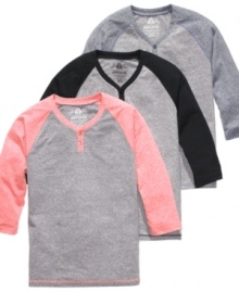 Hit a style home run with these raglan-styled y-neck shirts from American Rag. Hit a style home run with these raglan-styled y-neck shirts from American Rag.