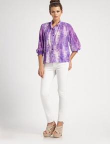 An easy-fit button-down shaped by soft pleats at the shoulders and gathered three-quarter sleeves, all in tie-dyed stretch silk.Band collarButton-down placketThree-quarter sleevesShirred cuffsShirttail hemBack yokeAbout 24 from shoulder to hem96% silk/4% spandexDry cleanImportedModel shown is 5'10 (177cm) wearing US size Small. An easy-fit button-down shaped by soft pleats at the shoulders and gathered three-quarter sleeves, all in tie-dyed stretch silk.Band collarButton-down placketThree-quarter sleevesShirred cuffsShirttail hemBack yokeAbout 24 from shoulder to hem96% silk/4% spandexDry cleanImportedModel shown is 5'10 (177cm) wearing US size Small.