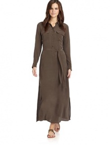 THE LOOKShirtdress-inspired designShirt collarPartial button frontLong sleeves with button cuffsDual flap pockets at chestBelt loopsRemovable tie-beltLong side slitsTHE FITAbout 44½ from shoulder to hemTHE MATERIALSilkCARE & ORIGINDry cleanImportedModel shown is 5'10 (177cm) wearing US size Small. THE LOOKShirtdress-inspired designShirt collarPartial button frontLong sleeves with button cuffsDual flap pockets at chestBelt loopsRemovable tie-beltLong side slitsTHE FITAbout 44½ from shoulder to hemTHE MATERIALSilkCARE & ORIGINDry cleanImportedModel shown is 5'10 (177cm) wearing US size Small.