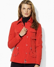 Perfect for any active occasion, the Laurie mockneck jacket exudes sporty appeal in sleek taffeta with polished silver-tone hardware and a chic drawcord at the waist. Perfect for any active occasion, the Laurie mockneck jacket exudes sporty appeal in sleek taffeta with polished silver-tone hardware and a chic drawcord at the waist.