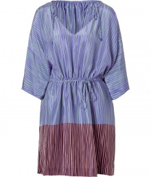 Luxe caftan in fine, pure colorblocked purple printed silk - Supremely soft, lightweight material - Perennially chic, contrast stripe motif - Deep v-neck and wide, 3/4 sleeves - Gathered, drawstring waist and tie detail at shoulders - Relaxed cut, hits mid-thigh - Perfect for the beach, holidays and leisure - Pair with a bikini, flat sandals or wedges and a raffia tote Luxe caftan in fine, pure colorblocked purple printed silk - Supremely soft, lightweight material - Perennially chic, contrast stripe motif - Deep v-neck and wide, 3/4 sleeves - Gathered, drawstring waist and tie detail at shoulders - Relaxed cut, hits mid-thigh - Perfect for the beach, holidays and leisure - Pair with a bikini, flat sandals or wedges and a raffia tote