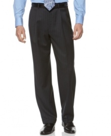 A true mainstay for a man's dressed-up look, the pinstripe pant goes with just about everything. This one features double reverse pleats at front, on-seam pockets at sides and button-through besom pockets on back. Extendable waistband. Cuffed bottoms. A true mainstay for a man's dressed-up look, the pinstripe pant goes with just about everything. This one features double reverse pleats at front, on-seam pockets at sides and button-through besom pockets on back. Extendable waistband. Cuffed bottoms.