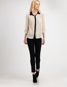 The lightweight chiffon button-front, edged with contrast trim for a touch of bold, colorblocked style.Point collarRoll-tab sleevesButton frontAbout 25 from shoulder to hemRayonDry cleanImportedModel shown is 5'10 (177cm) wearing US size Small. The lightweight chiffon button-front, edged with contrast trim for a touch of bold, colorblocked style.Point collarRoll-tab sleevesButton frontAbout 25 from shoulder to hemRayonDry cleanImportedModel shown is 5'10 (177cm) wearing US size Small.
