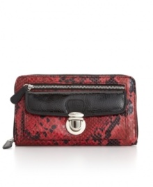 Vibrant red glazzed snakeskin embellishes this chic wallet from Style&co., and the two front pockets - one zip, one pushlock - gives it trendy functionality.