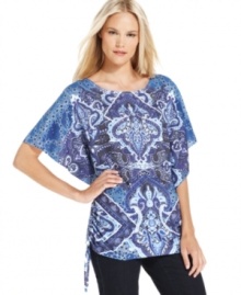 Dolman sleeves, a bold print and a ruched drawstring at the side give this Style&co. top fashionable flair. Dolman sleeves, a bold print and a ruched drawstring at the side give this Style&co. top fashionable flair.