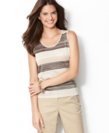This easy tank top features colorblocking with a sparkly touch, thanks to metallic space-dyed knit. Pair it with anything from khakis to jeans for casual style with a kick! (Clearance) This easy tank top features colorblocking with a sparkly touch, thanks to metallic space-dyed knit. Pair it with anything from khakis to jeans for casual style with a kick! (Clearance)