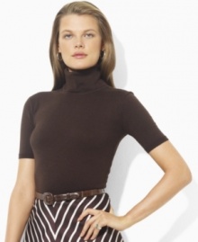 This short-sleeved Lauren by Ralph Lauren turtleneck is jersey-knit in a luxe blend of silk and cotton yarns for a soft hand. This short-sleeved Lauren by Ralph Lauren turtleneck is jersey-knit in a luxe blend of silk and cotton yarns for a soft hand.