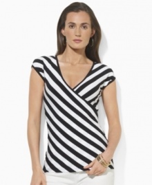 Lauren by Ralph Lauren's flattering faux-wrap top is crafted in sleek stretch jersey and finished in a bold striped pattern for modern appeal. Lauren by Ralph Lauren's flattering faux-wrap top is crafted in sleek stretch jersey and finished in a bold striped pattern for modern appeal.