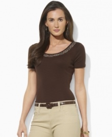 Lauren by Ralph Lauren's timeless short-sleeved tee is rendered in ultra-soft fine-ribbed cotton with an intricately embroidered and beaded scoop neckline for a hint of tribal inspiration. Lauren by Ralph Lauren's timeless short-sleeved tee is rendered in ultra-soft fine-ribbed cotton with an intricately embroidered and beaded scoop neckline for a hint of tribal inspiration.