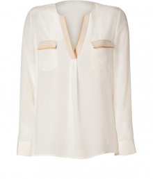 With an effortless chic look in pristine silk, Steffen Schrauts pastel detailed top is perfect for both dressing up and down - Open round neckline, long sleeves, buttoned cuffs, side slits, flap chest pockets, two-tone trim - Loosely fitted - Wear with skinnies, flats and a leather carryall With an effortless chic look in pristine silk, Steffen Schrauts pastel detailed top is perfect for both dressing up and down - Open round neckline, long sleeves, buttoned cuffs, side slits, flap chest pockets, two-tone trim - Loosely fitted - Wear with skinnies, flats and a leather carryall