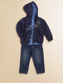 When your little guy is ready to creep and crawl or go out for a stroll, these three easy pieces will keep pace with his energy and brighten up his look.Zip-front hoodie has abstract train track screen, long sleeves, ribbed trim and nylon sleeve insetsLong-sleeve tee has ribbed crewneck, back snap close and train track screenSoftened jeans have back elasticized waist, scoop pockets When your little guy is ready to creep and crawl or go out for a stroll, these three easy pieces will keep pace with his energy and brighten up his look.Zip-front hoodie has abstract train track screen, long sleeves, ribbed trim and nylon sleeve insetsLong-sleeve tee has ribbed crewneck, back snap close and train track screenSoftened jeans have back elasticized waist, scoop pockets