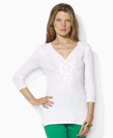 Rendered in a chic tunic length, this Lauren by Ralph Lauren look is rendered in soft cotton and finished with delicate embroidery at the neckline. Rendered in a chic tunic length, this Lauren by Ralph Lauren look is rendered in soft cotton and finished with delicate embroidery at the neckline.