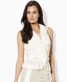 Delicate ruffles and embroidered tulle lend an air of vintage romance to this Lauren by Ralph Lauren sleeveless top. Delicate ruffles and embroidered tulle lend an air of vintage romance to this Lauren by Ralph Lauren sleeveless top.